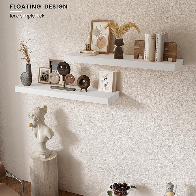 Floating Wood Shelves for Wall 36 Inches x 8”x 1.4” Shelf Floating Home Decor, Heavy Duty Shelf Hold 80 lbs, Wall Shelves for Bathroom Living Room Kitchen Bedroom Office - Set of 2 White-Ruum Studio Home