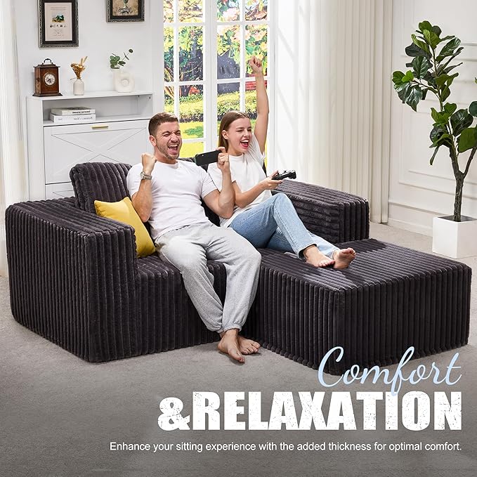Hobestluk Modular Sectional Sofa Memory Foam Couch L Shape Sofa for Living Room Loveseat with Chaise Lounge Cloud Couch with Removable Cover (Stripe Grey, Loveseat with Chaise)-Ruum Studio Home