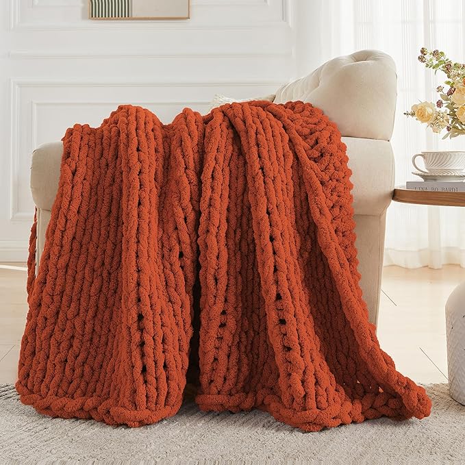 Carriediosa Chunky Knit Throw Blanket 50" X 60", 100% Hand Made Large Chenille Loop Yarn Soft Fluffy Throws for Couch Sofa Bed, Big Crochet Cozy Heavy Thick Cable Woven Blankets, Rust-Ruum Studio Home