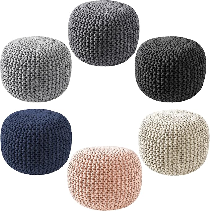 Casafield Round Pouf Ottoman, Black - 20" Diameter x 14.5" High Cotton Knit Foot Stool - Boho Floor Pouffe for Living Room, Bedroom, Home Office-Ruum Studio Home
