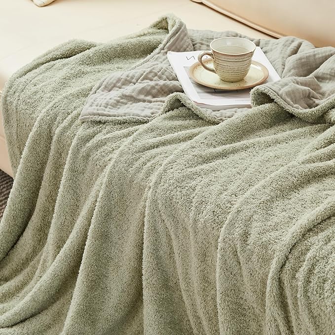 EMME Muslin and Fleece Throw Blanket Reversible - 50"*60" Sage Green Soft Warm Throw Blankets for Couch Bed Picnic Travel Bed-Ruum Studio Home