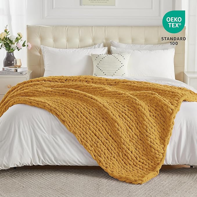 Carriediosa Chunky Knit Throw Blanket 60" X 80" Twin, 100% Hand Made Large Chenille Loop Yarn Soft Fluffy Throws for Couch Sofa Bed, Big Crochet Cozy Heavy Thick Cable Woven Blanket, Yellow-Ruum Studio Home