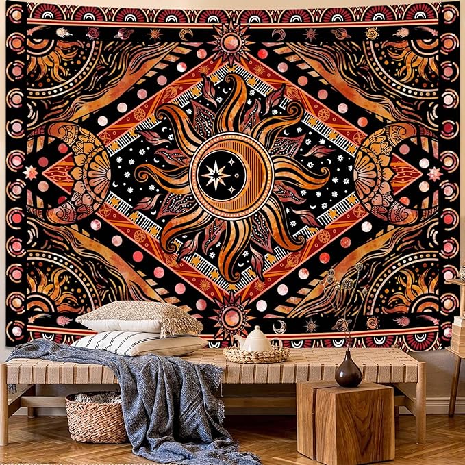 Lunerfex Hippie Sun and Moon Tapestry Bohemian Celestial Tapestry Aesthetic Tapestries for Bedroom and Living Room Decor Sun and Moon 60×80 Inches-Ruum Studio Home