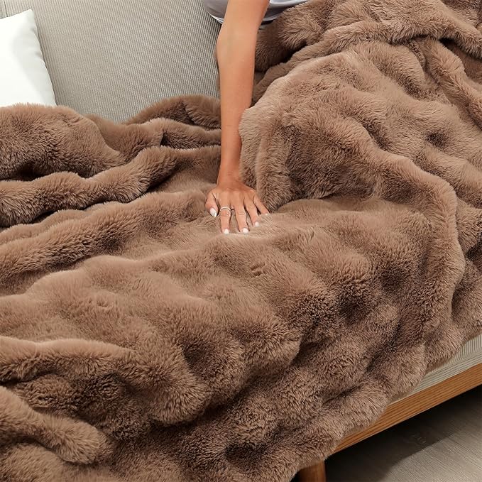 RYNGHIPY Faux Rabbit Fur Throw Blanket Ruched Plush Fuzzy Blanket for Couch Bed Sofa Heavy Warm Comfy Throws for Living Room Bedroom Machine Washable (Solid Brown, 63''x79'')-Ruum Studio Home