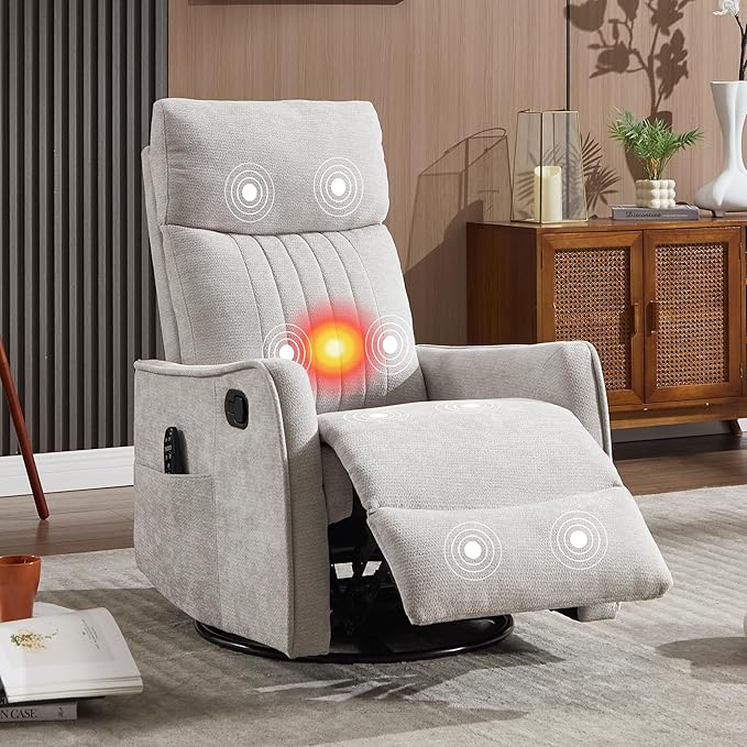Manual Swivel Rocker Recliner Chair for Adults, Overstuffed Reclining Glider Chair for Nursing with Vibration Massage & Heat, Living Room Rocking Recliner 2-Stage backrest, Chenille Fabric Light Gray-Ruum Studio Home