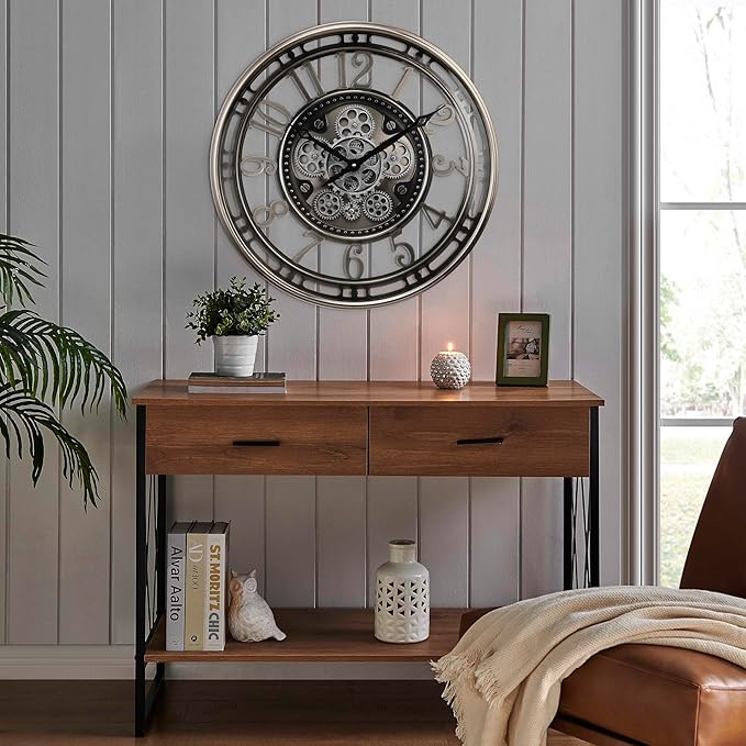CLXEAST 21 Inch Large Moving Gear Wall Clock,Industrial Steampunk Decor,Decorative Wall Clock for Modern Farmhouse Living Room Decor,Gunmetal Silver Finish-Ruum Studio Home