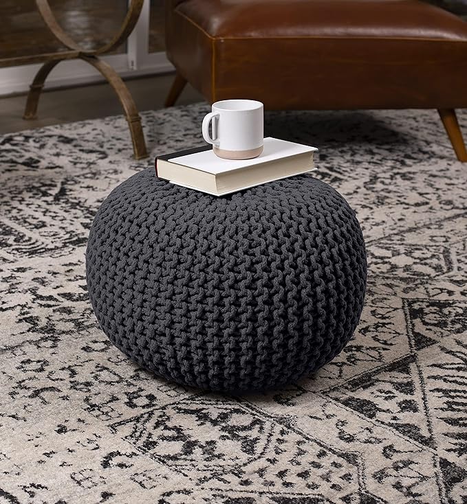 BIRDROCK HOME Round Pouf Ottoman | Cotton Braided Foot Stool with Bean Bag Filling | Boho Foot Rest for Living Room & Bedroom | Compact & Comfortable Seating, Lightweight & Soft | Charcoal-Ruum Studio Home
