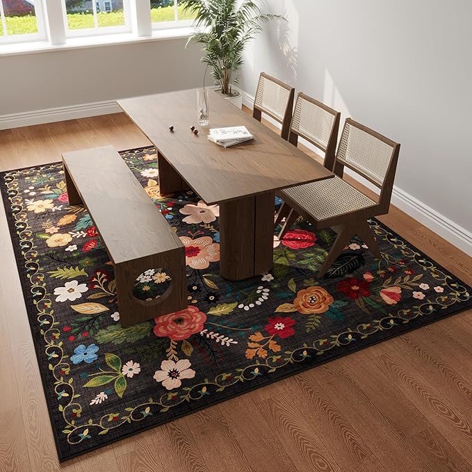 Living Room Rug 6x9 Rug Machine Washable Boho Area Rug Non Slip Floral Vintage Low Pile Large Rug for Living Room, Bedroom, Farmhouse, Dining Room, Kids Playroom(Black)-Ruum Studio Home