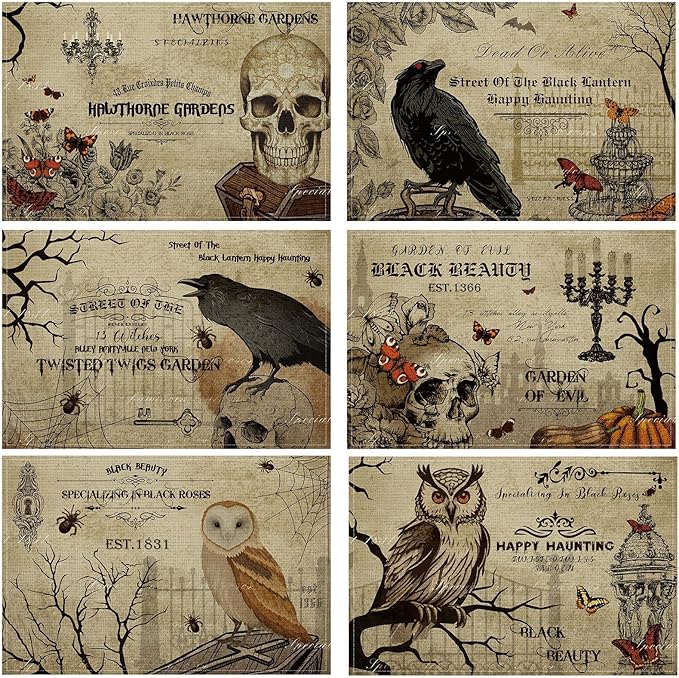 Umigy 6 Pcs Halloween Placemats 12"x18" Gothic Bat Placemats Kitchen Decoration Washable Witch Place Mats Rectangle Skull Table Mats for Halloween Dining Table Accessories(Poster Style)-Ruum Studio Home