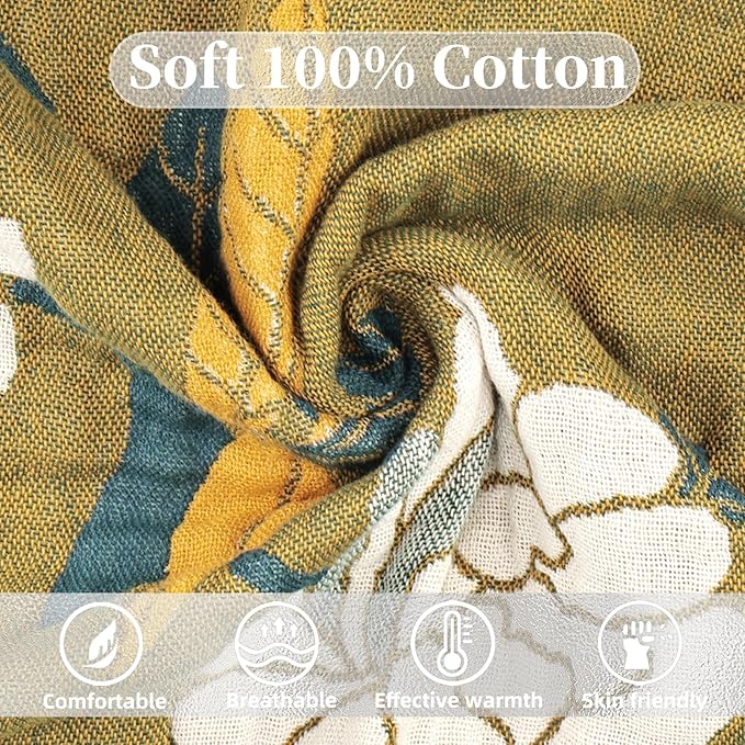 Boho Throw Blanket for Bed - 100% Pure Cotton Ultra Soft Rustic Quilt - Farmhouse Decor Bed Blankets, All Season Rustic Throw for Sofa Couch Chair(80''x 90'', Flower Branch)-Ruum Studio Home