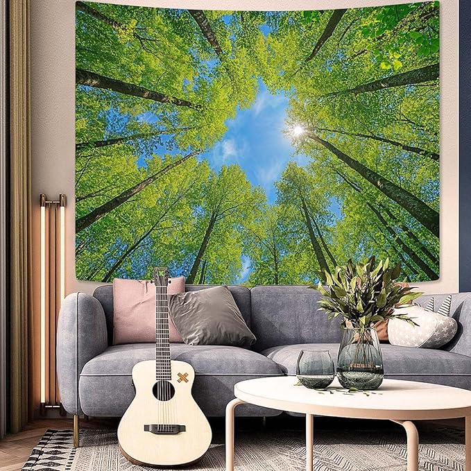 AMM Nature Forest Tree Celling Tapestry Lush Green Treetops Sunlit Tapestry for Bedroom Aesthetic Sky Sunlight Canopy Leaves Landscape Tapestries Wall Hanging for Living Room Dorm Office 48 x 36 Inch-Ruum Studio Home