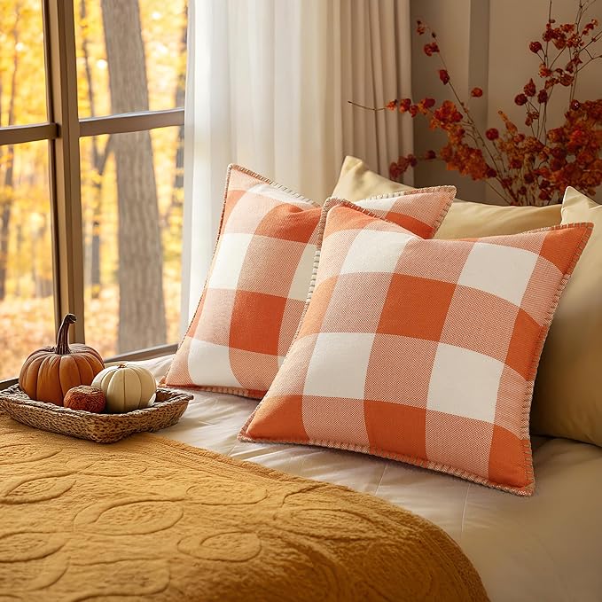 decorUhome Fall Orange and White Decorative Throw Pillow Covers 16x16 Set of 2, Buffalo Plaid Check Farmhouse Cushion Covers with Stitched Edge for Autumn Harvest Couch Sofa Bed Home Decor-Ruum Studio Home