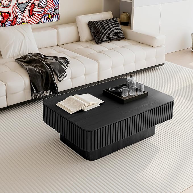 Lift Top Coffee Table with Storage, Solid Wood Coffee Table with Adjustable Height, Fluted Center Table Accent Tea Table for Living Room, Apartment, Office (38.6" Black)-Ruum Studio Home