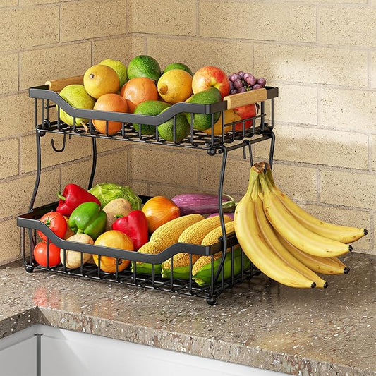 Giwil 2 Tier Countertop Fruit Basket for Kitchen, Vegetable Storage Bread Fruit Bowl Stand with 2 Banana Hangers, Wall Mounted Metal Wire Basket Organizer for Potato Onion, Black-Ruum Studio Home