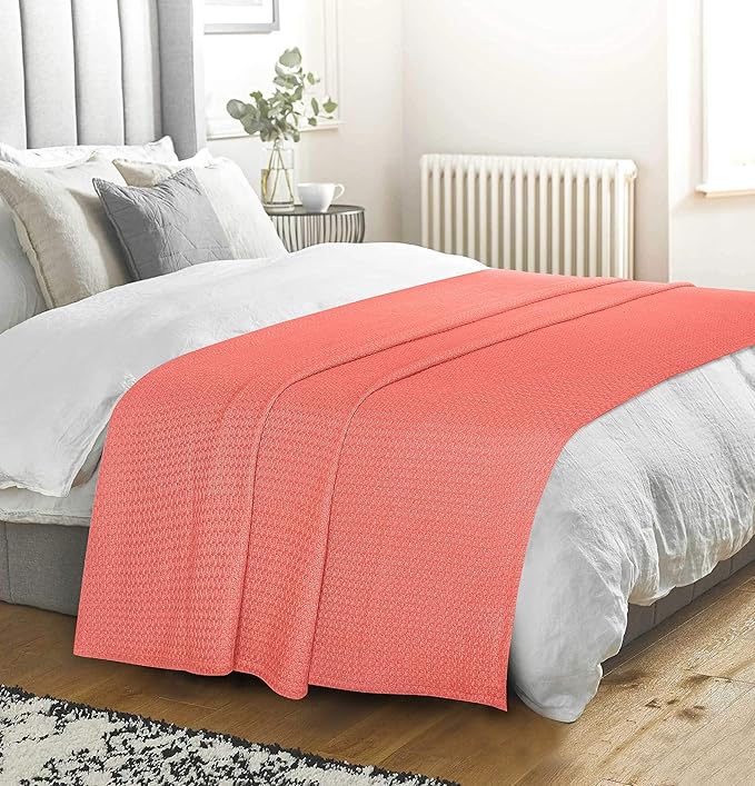 BELIZZI HOME 100% Cotton Bed Blanket, Breathable Bed Blanket Twin Size, Cotton Thermal Blankets Twin, Perfect for Layering Any Bed for All Season, Coral-Ruum Studio Home