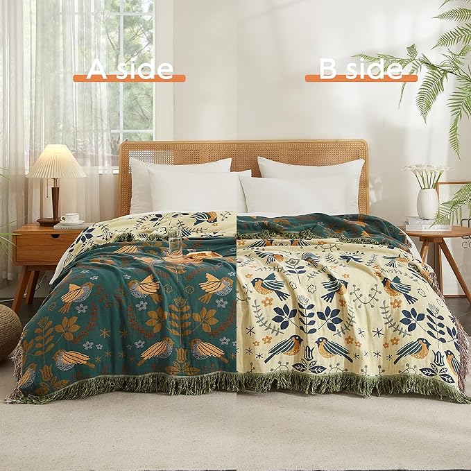 Boho Throw Blanket for Bed 80”x90”, 100% Cotton Woven Blanket for Couch Sofa, Ultra Soft 4-Layer Muslin Quilt with Bird Floral Printed, Farmhouse Bed Blanket/Cover for Living Room Decor-Ruum Studio Home