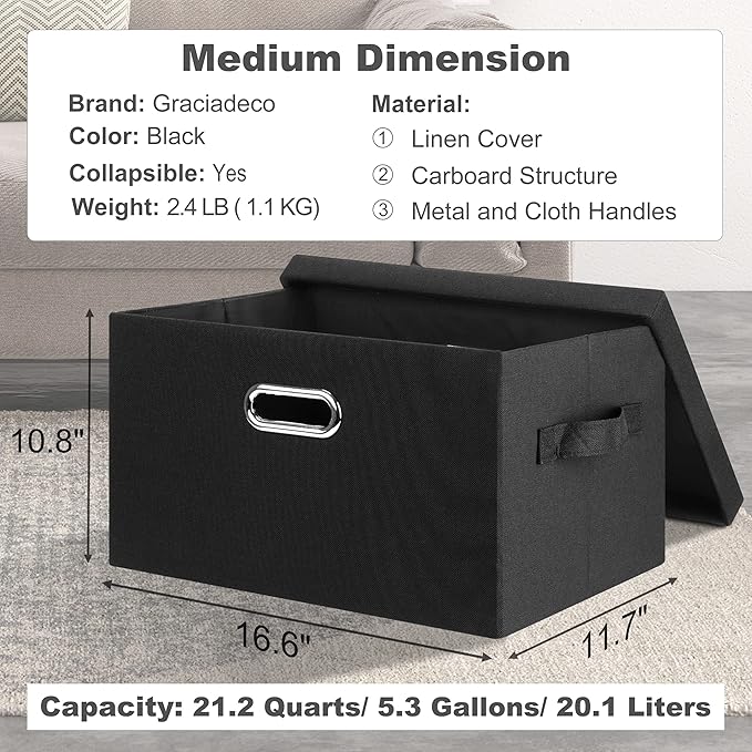 Medium 15" 21 Quart Collapsible Stackable Storage Bins with Lids, 5 Packs Black Foldable Fabric Closet Storage Boxes with Lids, Lidded Heavy-duty Linen Baskets(15x11x8)-Ruum Studio Home