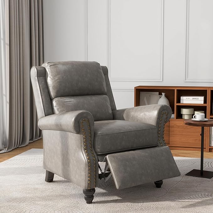 UIXE Pushback Recliner Chair, Faux Leather Armchair Push Back Accent Chair, Rivet Trim Club Chair Home Theater Overstuffed Single Sofa Reading Seat for Living Room, Gray-Ruum Studio Home