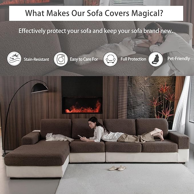 Couch Cushion Covers for Sectional Sofa, Stretch Soft Sofa Slipcovers Washable Wear-Resistant Universal Furniture Protector for Living Room(1 Piece Chaise Cover, Brown)-Ruum Studio Home