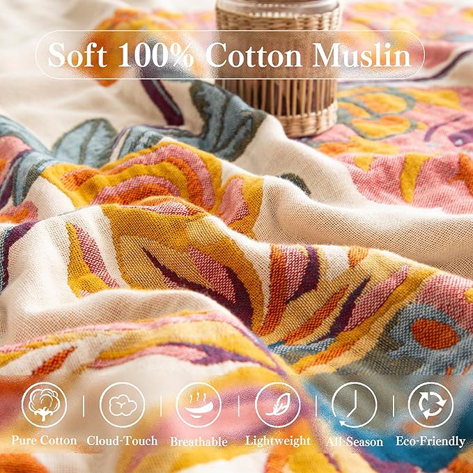 Boho Throw Blanket Twin Size, Soft Cozy Cotton Muslin Quilt Blanket for Bed Decor, Floral Patterned Couch Sofa Chair Cover, Vintage Farmhouse Cottage Tapestry Woven Blanket, Yellow&Blue-Ruum Studio Home