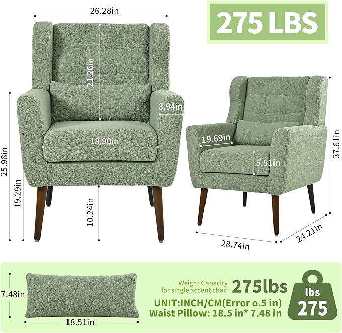 Accent Chair Set of 2, Upholstered Armchair with Pillow, Teddy Single Sofa Chair with Lounge Seat and Wood Legs for Living Room Small Spaces-Ruum Studio Home