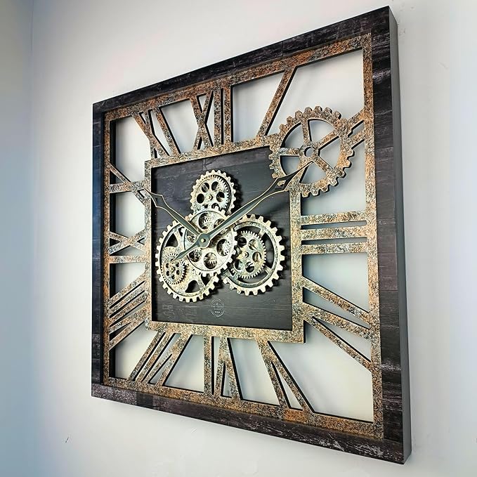 The Gears Clock 24'' Inch Square Real Moving Gear Wall Clock Vintage Industrial Oversized Rustic Farmhouse (Vintage Black)-Ruum Studio Home