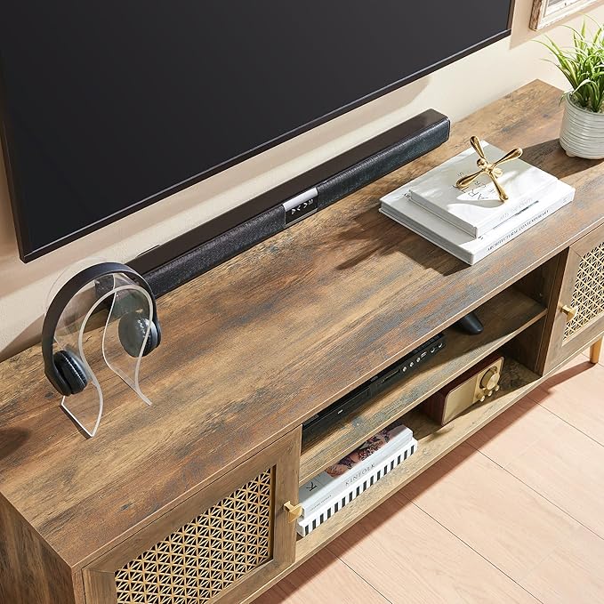 Mid Century Modern TV Stand with Metal Mesh Doors and Open Shelf for Tvs up to 65" Boho Media Console Entertainment Center with Cable Holes for Living Room Rustic Oak 59.06"x15.55"x20.87"-Ruum Studio Home