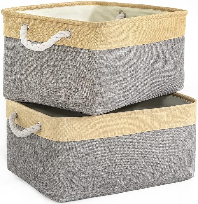 TheWarmHome Storage Basket for Organizing - 3 Pack 14x10x7 inch Large Collapsible Storage Bin for Shelves, Fabric Storage Cubes for Organizer ClosetCloth Gift Toy (Grey & Gold)-Ruum Studio Home