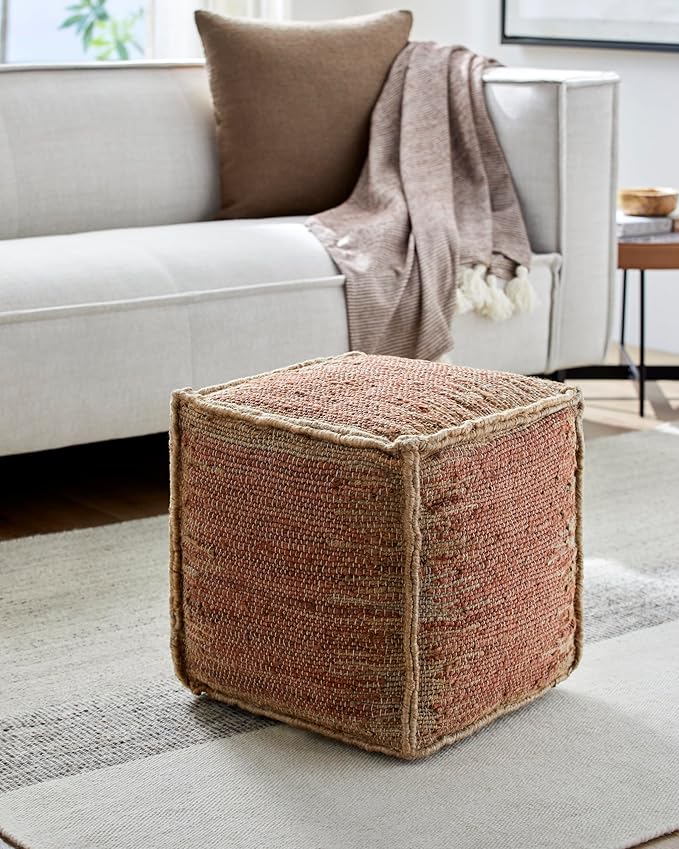 Mark&Day Pouf Ottoman, Lanzenkirchen Natural Fiber Burnt Orange Cube Pouf Foot Rest for Living Room, Bedroom and Boho Home Decor (16"x16"x16")-Ruum Studio Home