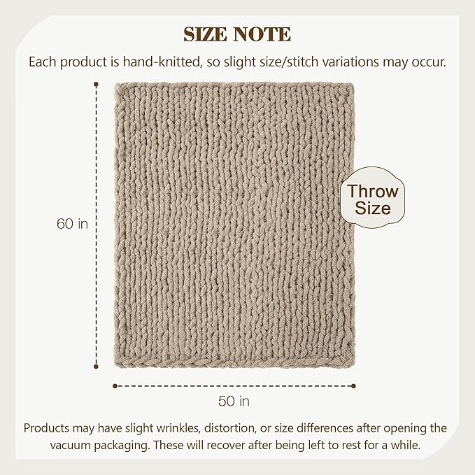 Carriediosa Chunky Knit Throw Blanket 50" X 60", 100% Hand Made Large Chenille Loop Yarn Soft Fluffy Throws for Couch Sofa Bed, Big Crochet Cozy Heavy Thick Cable Woven Blankets, Taupe-Ruum Studio Home