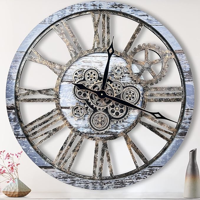 The B-Style Large Wall Clock 24 inch Moving Gear Wall Clock Oversized Vintage Farmhouse Wall Clocks for Living Room Decor Rustic Industrial Wood Clock (Aqua Green, 36 inch/90cm)-Ruum Studio Home