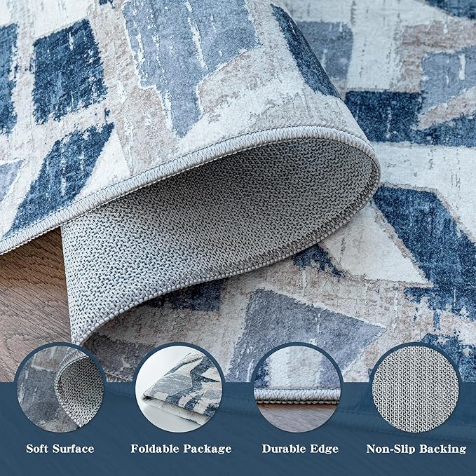 Modern Abstract Blue 6X9 Area Rug for Living Room Bedroom Washable, with Non-Slip Rubber Backing Print Faux Wool Thin, Throw Large Carpet for Kids Playroom Dining Room Pet & Child Friendly-Ruum Studio Home