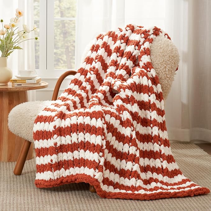 Amélie Home Chunky Knit Throw Blanket for Couch, Soft Chenille Crochet Blanket for Sofa, 50"x60", Burnt Orange & White Striped-Ruum Studio Home