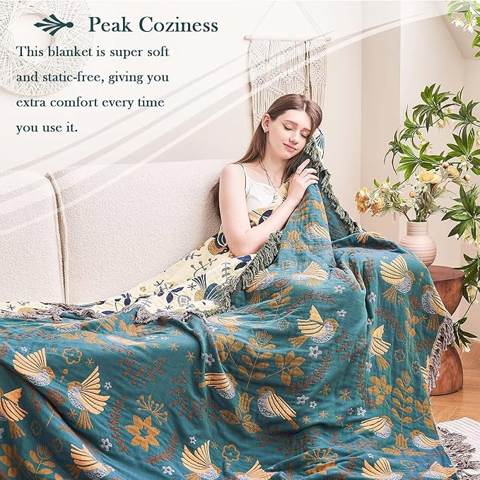 Boho Throw Blanket, 100% Cotton Ultra Soft Luxury Throw Rustic Quilt, 90"x98" Floral Printed Farmhouse Decor Bed Summer Blankets, All Season Rustic Reversible Bohemian Throw for Bed - Blue-Ruum Studio Home