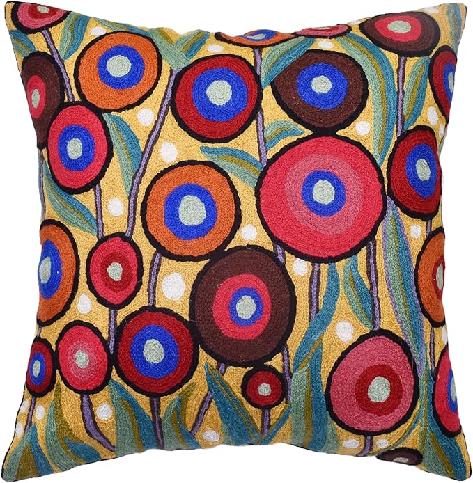 Yellow Floral Poppy Pillow Cover - Red Floral Outdoor Pillowcase - Suzani Accent Pillow - Flower Accent Cushions - Hand Embroidered Wool - Size 18x18-Ruum Studio Home