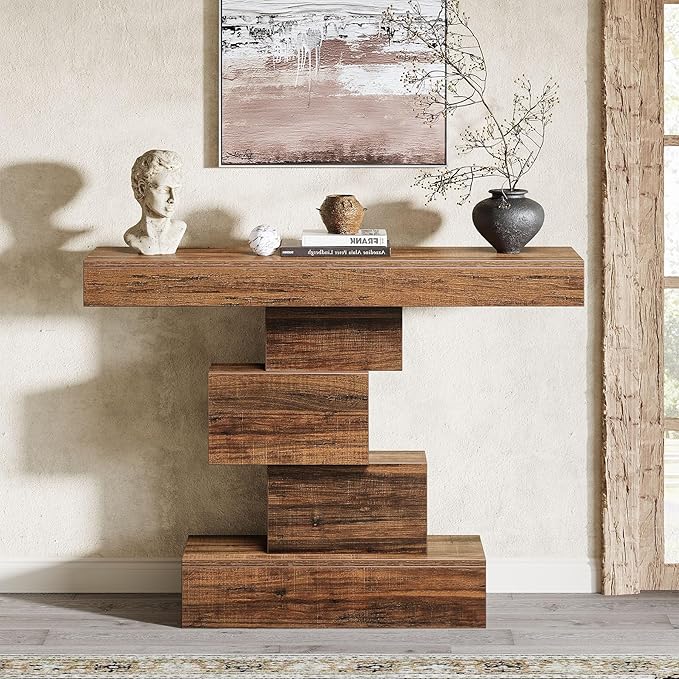 Tribesigns 42.5" Farmhouse Console Table, Narrow Wood Sofa Table Behind Couch with Geometric Base, Industrial Entryway Accent Table for Living Room, Hallway, Entrance (Rustic Brown)-Ruum Studio Home