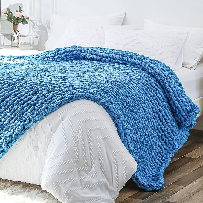 Bigacogo Chunky Knit Throw Blanket for Couch, 51x63 inches, 100% Hand Knitted with Thick Jumbo Chenille Yarn, Cozy Soft Large Rope Knot Cable Crochet Blankets for Sofa Bed Living Room, Bright Blue-Ruum Studio Home
