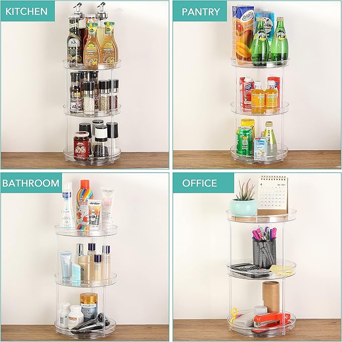 URALFA 3 Tier Bathroom Lazy Susan Organizer, 9 Inch Clear Rotating Makeup Organizer for Vanity, High-Capacity Acrylic Skincare Organizers 360 Rotating Tray for Countertop, Pantry, Kitchen, Cupboard-Ruum Studio Home