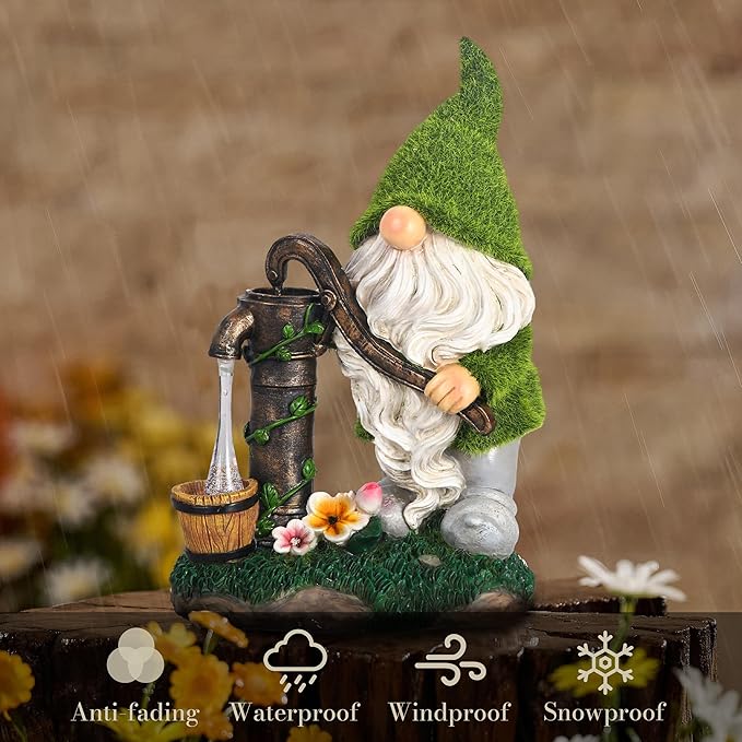 TERESA'S COLLECTIONS Resin Garden Gnomes Decor with Solar Lights, Fathers Gifts, Green Outdoor Decorations for Porch Patio, Gifts for Dad and Mom，Outdoor Garden Decor Ornaments for Outside, 10"-Ruum Studio Home