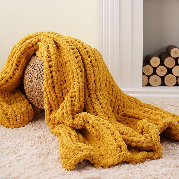 Battilo Chunky Knit Throw Blanket, Soft and Thick Chenille Throw Blanket, 50"x60" Handmade Cable Knit Crochet Blanket, Large Rope Knot Throw Blankets for Couch Sofa Bed Home Decor, Mustard-Ruum Studio Home