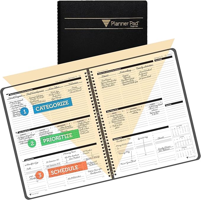 Planner Pad Spiral Bound January-December 2025/ Calendar Year 8 1/2" x 11" Large 3-Tier Funnel Down 12 Month Organizer, Black Cover/Black Ink-Ruum Studio Home