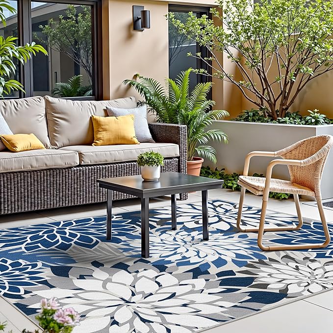 Indoor Outdoor Area Rug Washable Multicolored Patio Rug Tropical Botanical Modern Floral Indoor Outdoor Carpet Blue White Rug Non Slip for Patio, Deck, Backyard, Porch (8x10)-Ruum Studio Home