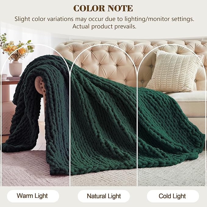 Carriediosa Chunky Knit Throw Blanket 60" X 80" Twin, 100% Hand Made Large Chenille Loop Yarn Soft Fluffy Throws for Couch Sofa Bed, Big Crochet Cozy Heavy Thick Cable Woven Blankets, Dark Green-Ruum Studio Home