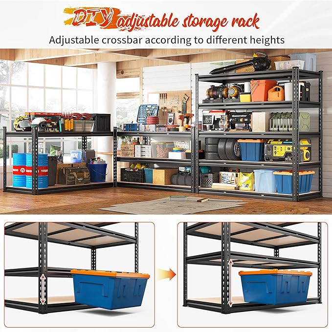 REIBII 48" W Garage Shelving Heavy Duty 3020LBS Storage Shelves 5 Tier Heavy Duty Shelving Adjustable Garage Shelves for Basement, Warehouse, Commercial, Easy Assemble, 48" W x 72" H x 24" D-Ruum Studio Home