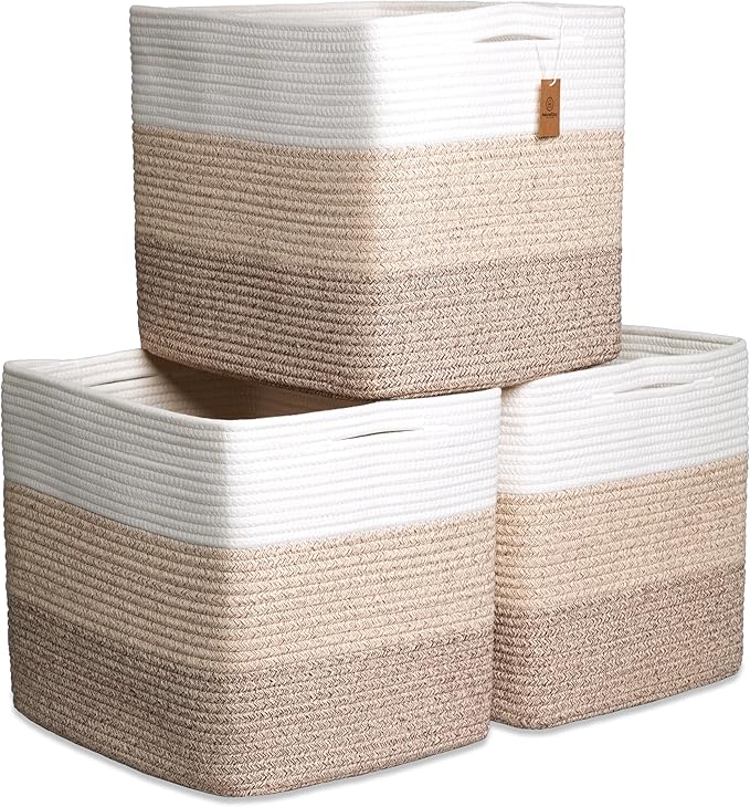 NaturalCozy 13x15x13 Kallax Storage Cubes Bins, 3 Pack | Cotton Rope Cube Storage Bin Woven Baskets for Organizing | Kallax Insert Storage Baskets for Shelves Organizer, Kids Toy, Closet Baby Nursery-Ruum Studio Home
