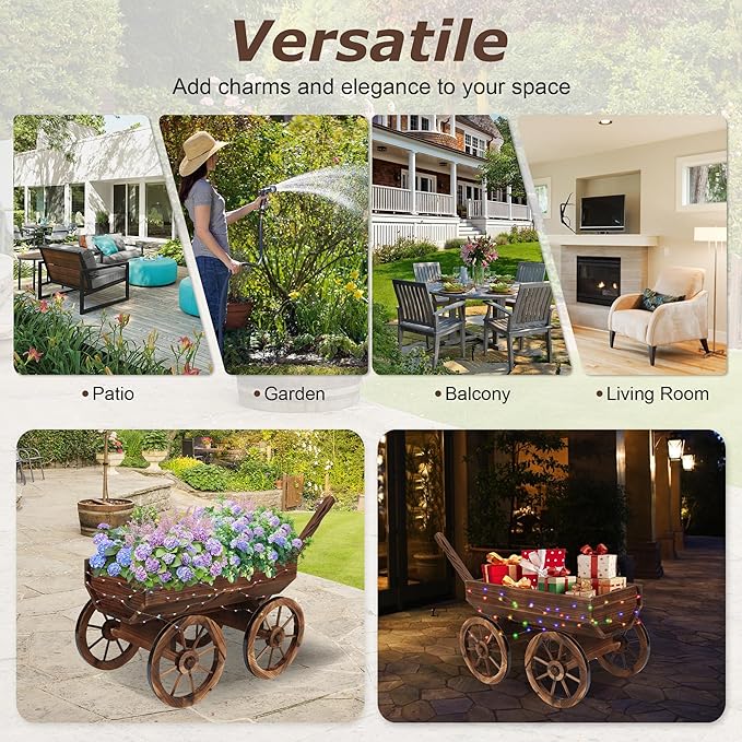 Garden Wooden Decor Rustic Flower Pot,Planters Wagon Indoor Outdoor Backyard Balcony Decor,for Outside Garden Decor Wheelbarrow Planter for Patio (Wooden Wagon with Light)-Ruum Studio Home