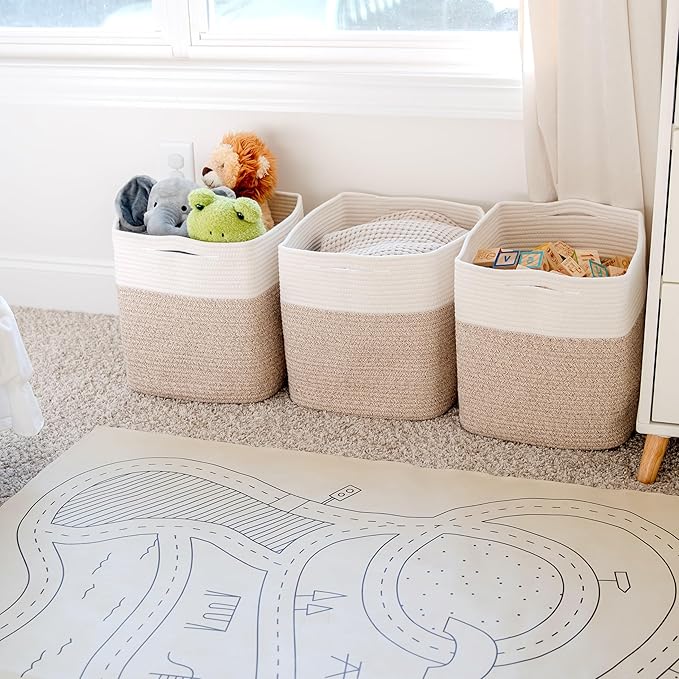 NaturalCozy 13x15x13 Kallax Storage Cubes Bins, 3 Pack | Cotton Rope Cube Storage Bin Woven Baskets for Organizing | Kallax Insert Storage Baskets for Shelves Organizer, Kids Toy, Closet Baby Nursery-Ruum Studio Home
