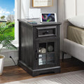 Farmhouse XXL End Table with Charging Station, Side Table with USB Ports and Outlets, Nightstand with Drawer and Glass Door Storage, Grey Bedside Tables for Living Room, Bedroom, Office-Ruum Studio Home