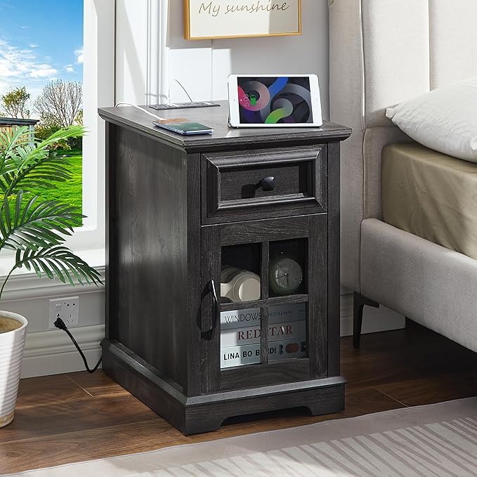 Farmhouse XXL End Table with Charging Station, Side Table with USB Ports and Outlets, Nightstand with Drawer and Glass Door Storage, Grey Bedside Tables for Living Room, Bedroom, Office-Ruum Studio Home
