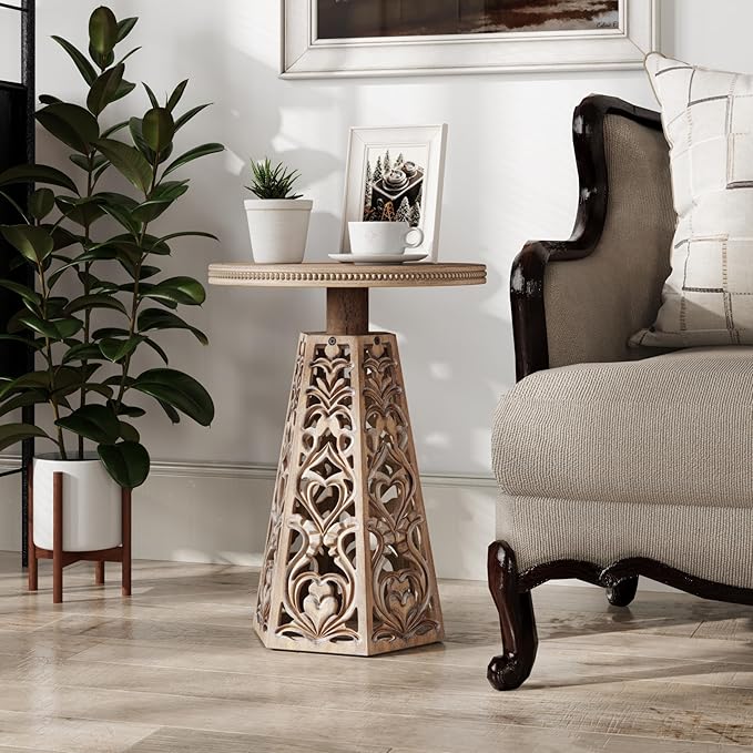 Rustic Farmhouse Wooden End Table, Distressed Round Accent Table with Intricate Carved Floral Patterns, Boho, for Living Room, Bedroom, or Entryway, Distressed Wood Color-Ruum Studio Home